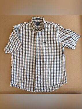 Faconnable Men's Short-Sleeve Button-Up Shirt in Blue, Brown and White Check